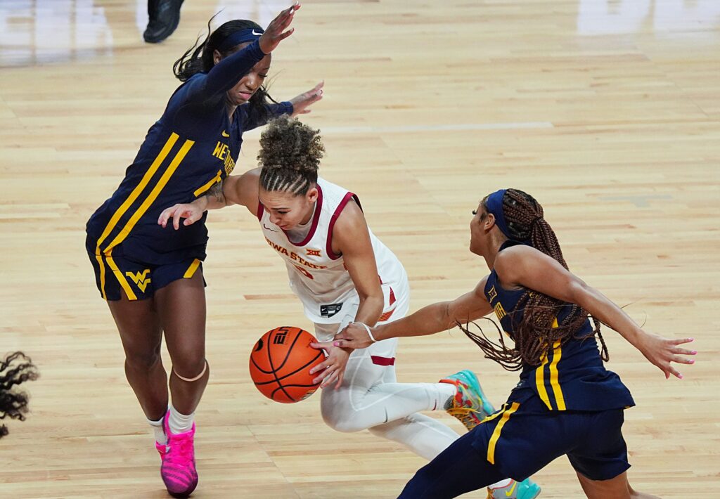 West Virginia Mountaineers guard Jordan Harrison and guard Gia Cooke