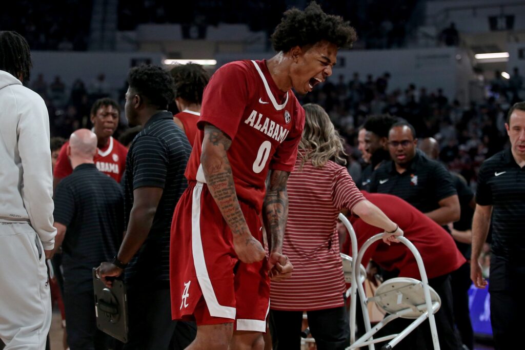  Alabama Crimson Tide guard Labaron Philon Jr. (0) reacts during a timeout during the second half against the Mississippi State Bulldogs at Humphrey Coliseum.