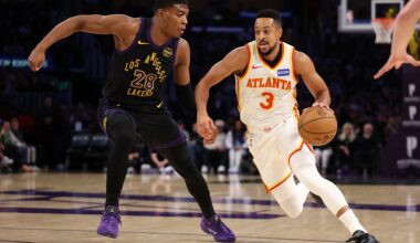 Atlanta Hawks guard CJ McCollum (3) drives to the basket against Los Angeles Lakers forward Rui Hachimura (28) during the first half at Crypto.com Arena.