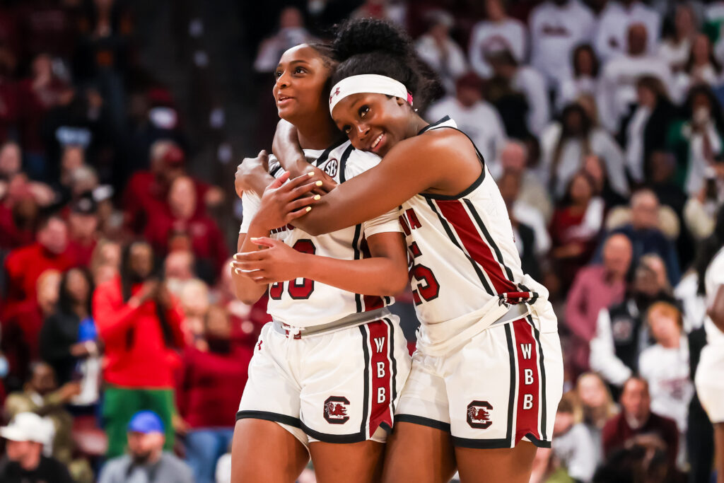 South Carolina Gamecocks guard Ta'niya Latson and guard Raven Johnson celebrate