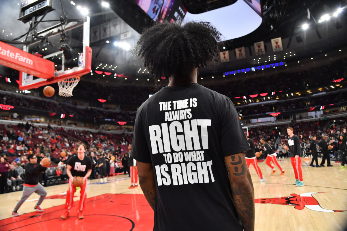 Jan 18, 2026; Chicago, Illinois, USA; Chicago Bulls guard Coby White (0) prior to a game against the Chicago Bulls at United Center.