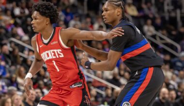 Detroit Pistons guard Ausar Thompson (9) defends against his twin brother, Houston Rockets guard Amen Thompson (1) during the first half at Little Caesars Arena.