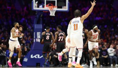 New York Knicks guard Jalen Brunson (11) reacts to his three pointer against the Philadelphia 76ers during the third quarter at Xfinity Mobile Arena.