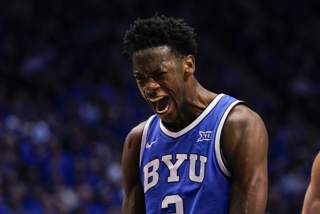 Jan 24, 2026; Provo, Utah, USA; BYU Cougars forward AJ Dybantsa (3) reacts during the first half against the Utah Utes at Marriott Center. Mandatory Credit: Aaron Baker-Imagn Images