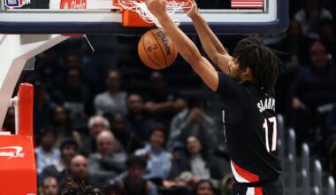 Jan 27, 2026; Washington, District of Columbia, USA; Portland Trail Blazers guard Shaedon Sharpe (17) dunks during the second half against the Washington Wizards at Capital One Arena. Mandatory Credit: Daniel Kucin Jr.-Imagn Images