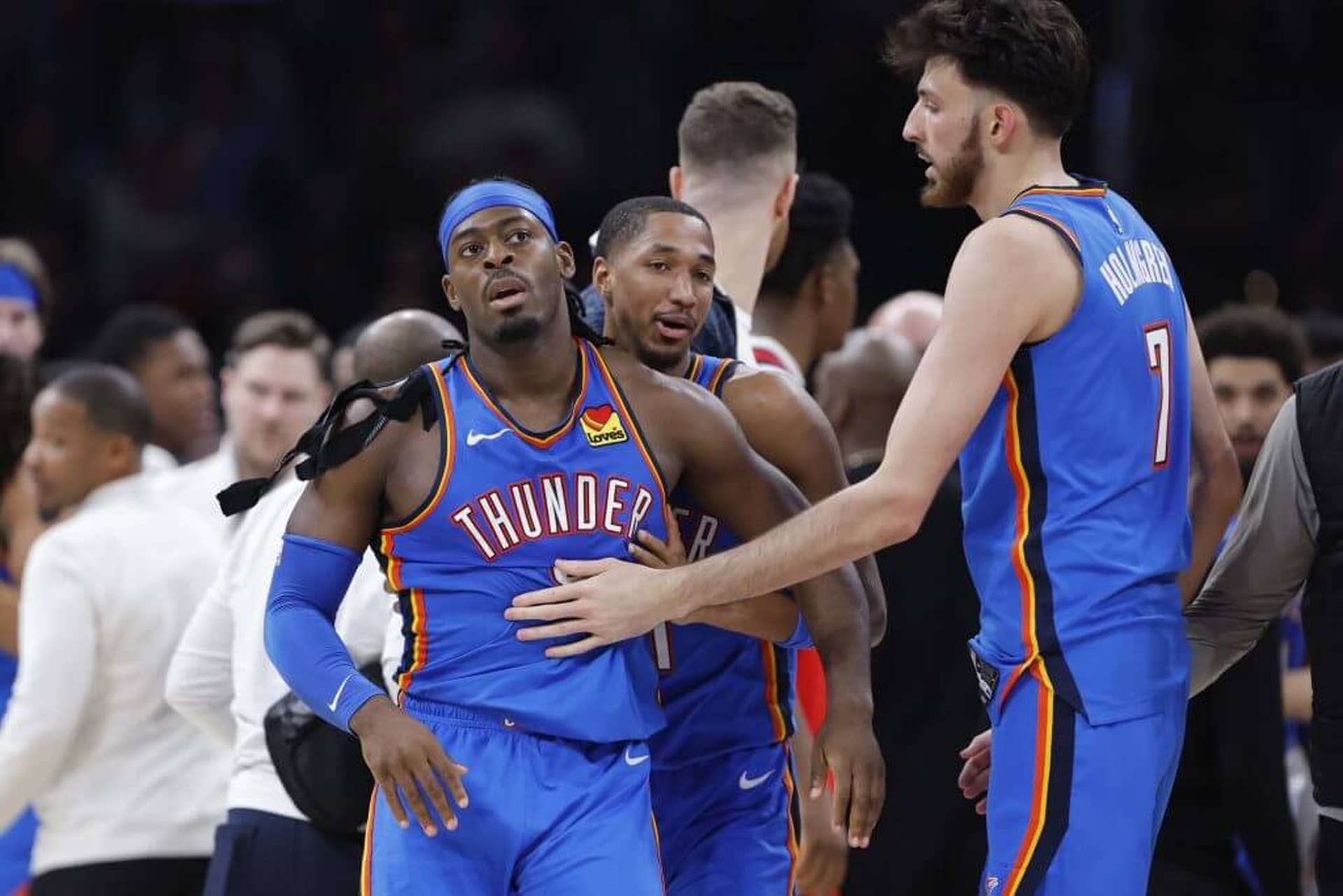 Oklahoma City Thunder guard Luguentz Dort (5) walks away from a scuffle with New Orleans Pelicans guard Jeremiah Fears (0) during the second half at Paycom Center.