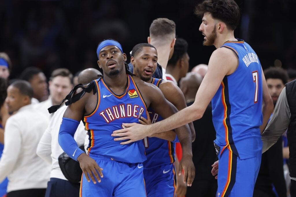 Jan 27, 2026; Oklahoma City, Oklahoma, USA; Oklahoma City Thunder guard Luguentz Dort (5) walks away from a scuffle with New Orleans Pelicans guard Jeremiah Fears (0) during the second half at Paycom Center. Mandatory Credit: Alonzo Adams-Imagn Images