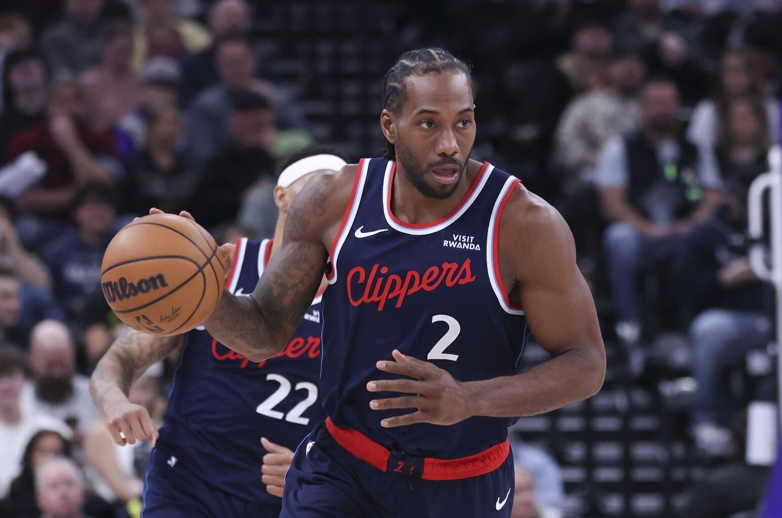 Jan 27, 2026; Salt Lake City, Utah, USA; LA Clippers forward Kawhi Leonard (2) brings the ball up the court against the Utah Jazz during the second half at Delta Center. Mandatory Credit: Rob Gray-Imagn Images
