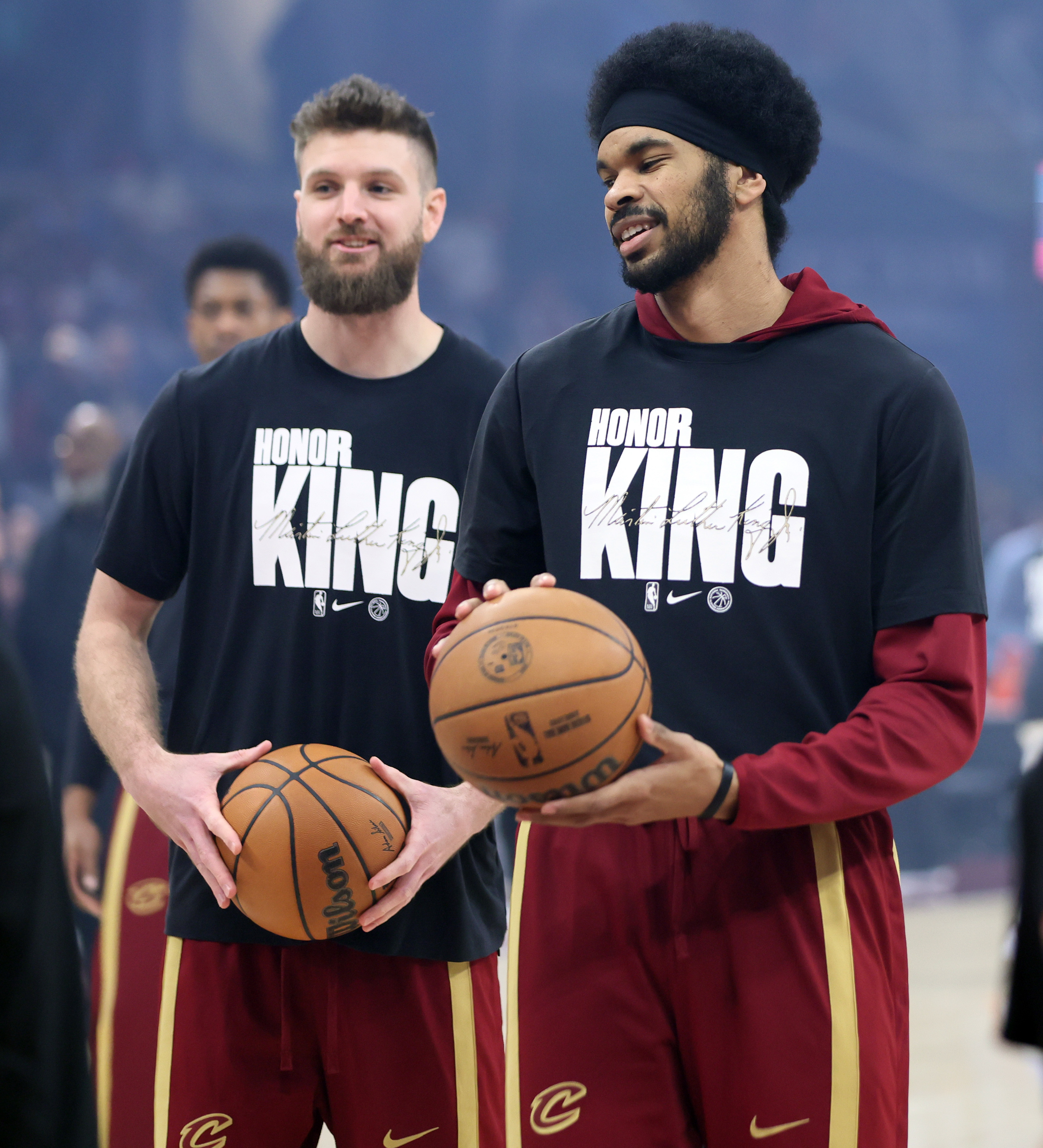 Cleveland Cavaliers players don a Martin Luther King tribute warm up T-Shirts before their game against the Oklahoma City Thunder at Rocket Arena. 