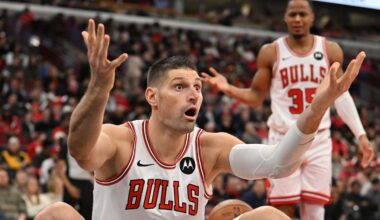 Dec 31, 2025; Chicago, Illinois, USA; Chicago Bulls center Nikola Vucevic (9) reacts against the New Orleans Pelicans during the second half at United Center. Mandatory Credit: Patrick Gorski-Imagn Images