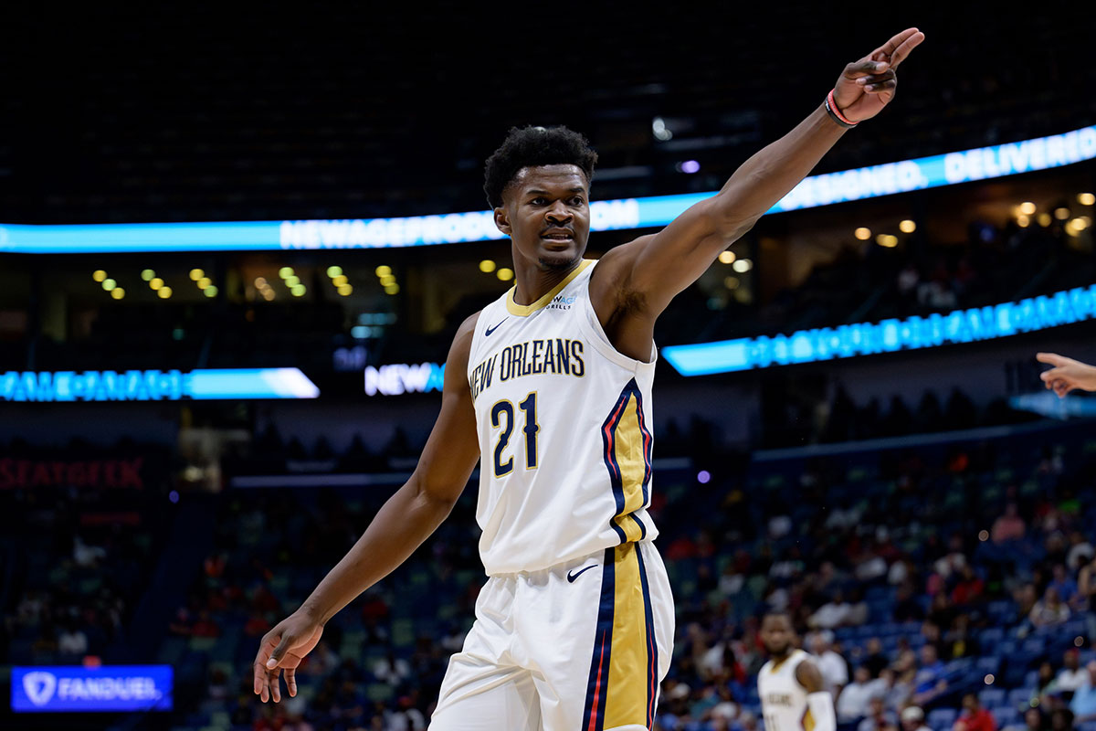 New Orleans Pelicans center Yves Missi (21) reacts against the Orlando Magic at Smoothie King Center.