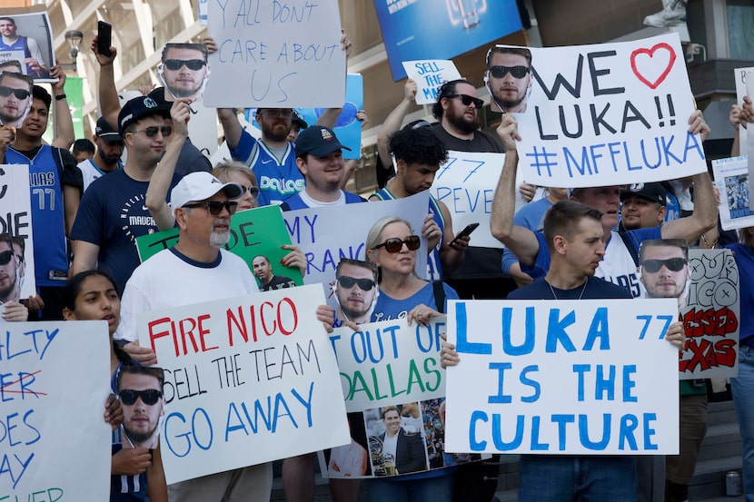 Dallas Mavericks fans gather outside the American Airlines Center, Saturday, Feb. 8, 2025,...
