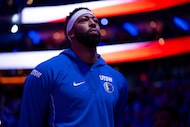 Dallas Mavericks' Anthony Davis looks on during the national anthem prior to an NBA...