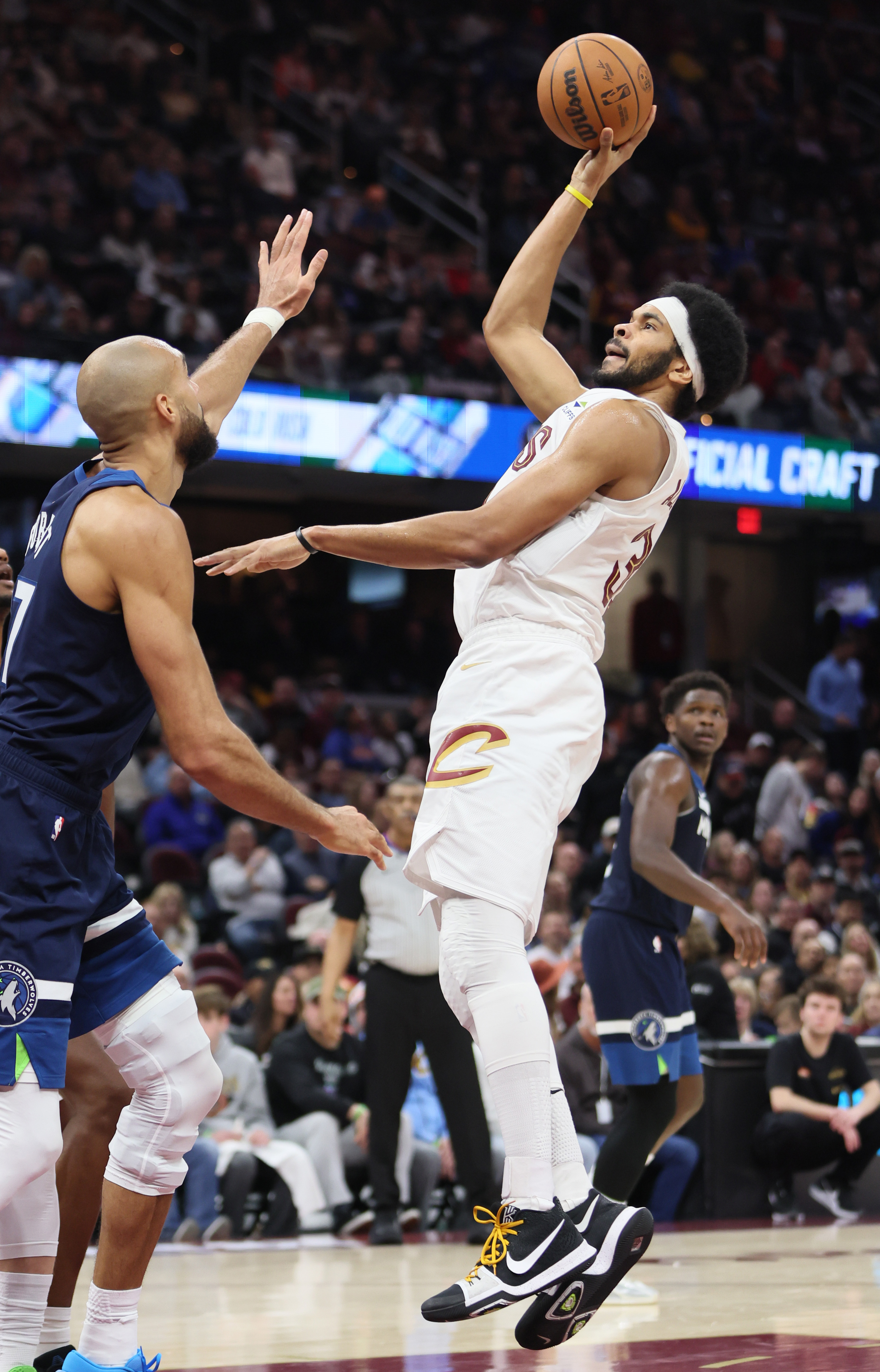 Cleveland Cavaliers center Jarrett Allen takes a shot attempt guarded by Minnesota Timberwolves center Rudy Gobert in the second half. 