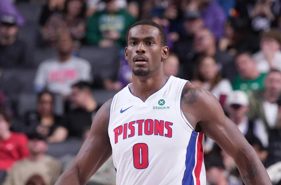 Jalen Duren of the Detroit Pistons looks on during the game against the Sacramento Kings on December 23, 2025 at Golden 1 Center in Sacramento, California. NBAE via Getty Images