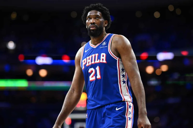 Feb 4, 2025; Philadelphia, Pennsylvania, USA; Philadelphia 76ers center Joel Embiid (21) looks on against the Dallas Mavericks in the third quarter at Wells Fargo Center. Mandatory Credit: Kyle Ross-Imagn Images