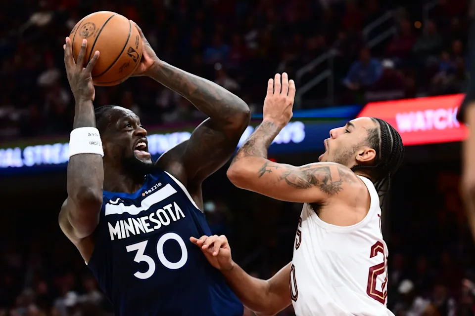 Minnesota Timberwolves forward Julius Randle looks to shoot against Cavaliers guard Jaylon Tyson, Jan. 10, 2026, in Cleveland.