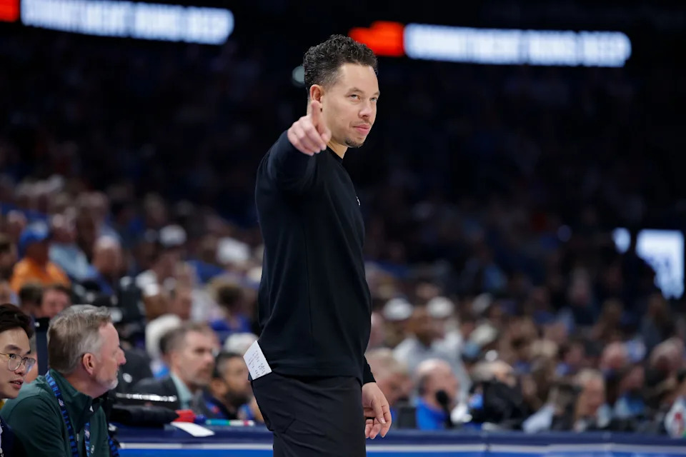 Jan 13, 2026; Oklahoma City, Oklahoma, USA; San Antonio Spurs Head Coach Mitch Johnson gestures to his team during a play against the Oklahoma City Thunder during the second quarter at Paycom Center. Mandatory Credit: Alonzo Adams-Imagn Images