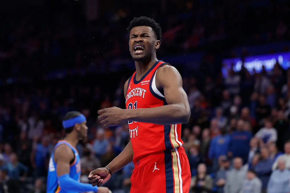 Jan 27, 2026; Oklahoma City, Oklahoma, USA; New Orleans Pelicans center Yves Missi (21) reacts after a play against the Oklahoma City Thunder during the second half at Paycom Center. Mandatory Credit: Alonzo Adams-Imagn Images