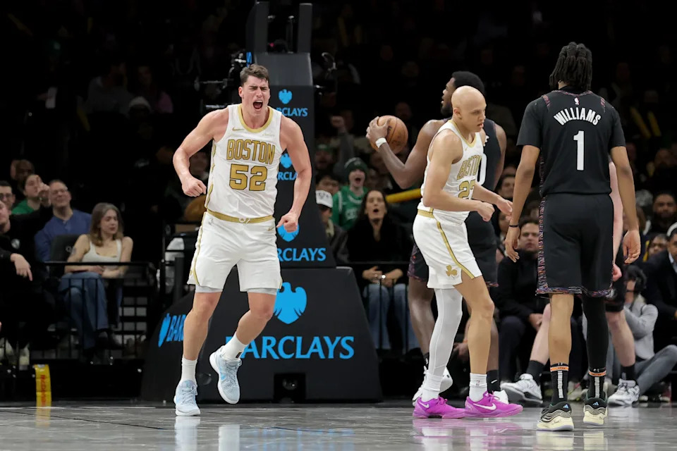 Jan 23, 2026; Brooklyn, New York, USA; Boston Celtics center Luka Garza (52) reacts during the fourth quarter against the Brooklyn Nets at Barclays Center. Mandatory Credit: Brad Penner-Imagn Images