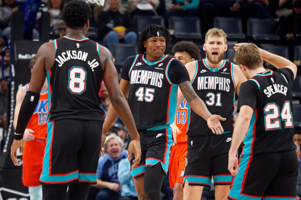 Jan 9, 2026; Memphis, Tennessee, USA; Memphis Grizzlies forward GG Jackson II (45) reacts with teammates during the second quarter against the Oklahoma City Thunder at FedExForum. Mandatory Credit: Petre Thomas-Imagn Images