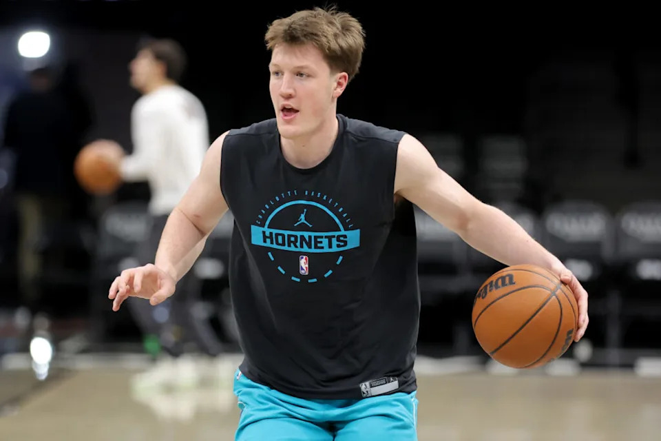 Dec 1, 2025; Brooklyn, New York, USA; Charlotte Hornets guard Kon Knueppel (7) warms up before a game against the Brooklyn Nets at Barclays Center. Mandatory Credit: Brad Penner-Imagn Images