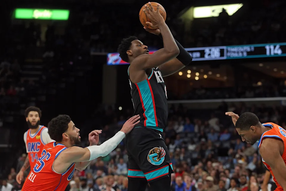 Jan 9, 2026; Memphis, Tennessee, USA; Memphis Grizzlies forward/center Jaren Jackson Jr. (8) shoots during the fourth quarter against the Oklahoma City Thunder at FedExForum. Mandatory Credit: Petre Thomas-Imagn Images