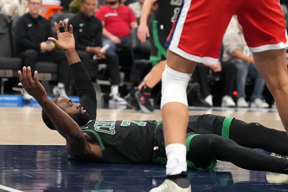 Jan 3, 2026; Inglewood, California, USA; Boston Celtics guard Jaylen Brown (7) reacts after scoring his 50th point against the LA Clippers in the second half at Intuit Dome. Mandatory Credit: Kirby Lee-Imagn Images