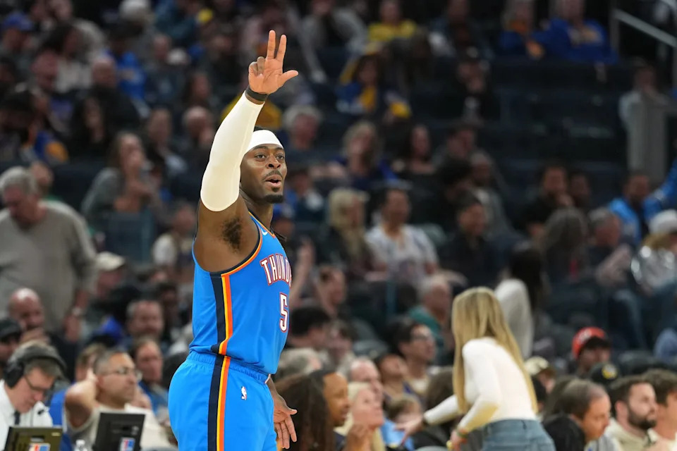 Jan 2, 2026; San Francisco, California, USA; Oklahoma City Thunder guard Luguentz Dort (5) gestures after making a three point basket against the Golden State Warriors to end the second quarter at Chase Center. Mandatory Credit: Darren Yamashita-Imagn Images