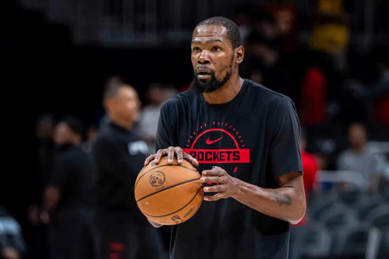Oct 16, 2025; Atlanta, Georgia, USA; Houston Rockets forward Kevin Durant (7) warms up prior to the game against the Atlanta Hawks at State Farm Arena. Mandatory Credit: Dale Zanine-Imagn Images