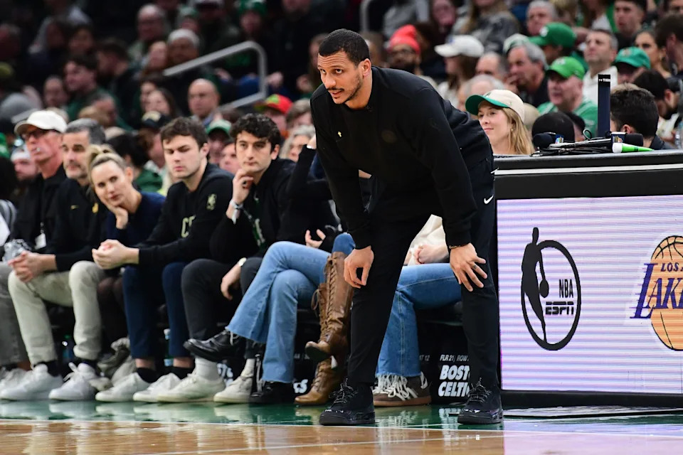 Jan 7, 2026; Boston, Massachusetts, USA; Boston Celtics head coach Joe Mazzulla looks on during the second half against the Denver Nuggets at TD Garden. Mandatory Credit: Bob DeChiara-Imagn Images
