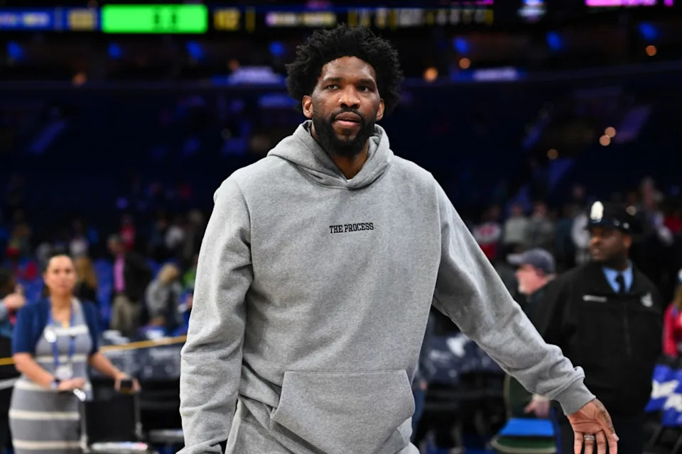 Philadelphia 76ers center Joel Embiid is seen in street clothes after missing his team's game against the Indiana Pacers.Kyle Ross-Imagn Images
