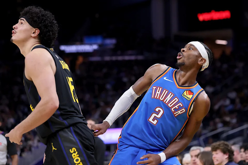 SAN FRANCISCO, CALIFORNIA - JANUARY 02: Shai Gilgeous-Alexander #2 of the Oklahoma City Thunder reacts after taking a basket against the Golden State Warriors during the second half at Chase Center on January 02, 2026 in San Francisco, California. NOTE TO USER: User expressly acknowledges and agrees that, by downloading and/or using this photograph, user is consenting to the terms and conditions of the Getty Images License Agreement. (Photo by Ezra Shaw/Getty Images)