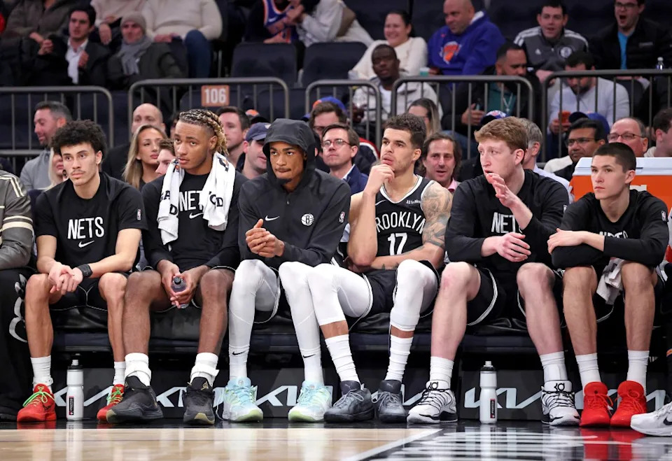 The Brooklyn Nets bench looking dejected during the fourth quarter against the Knicks on Jan. 21. Charles Wenzelberg / New York Post
