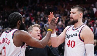 LA Clippers guard James Harden (1) walks on the court against the Golden State Warriors during the first quarter at Chase Center