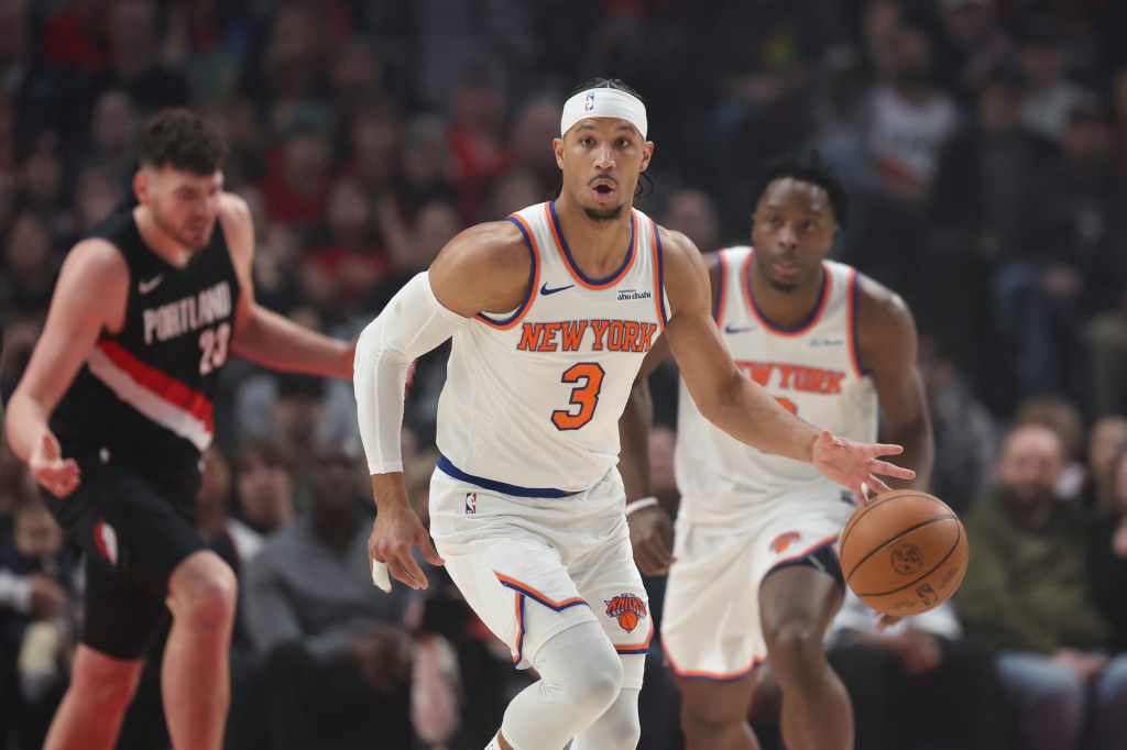 New York Knicks guard Josh Hart (3) brings the ball up court against the Portland Trail Blazers during the first half of an NBA basketball game, Sunday, Jan. 11, 2026, in Portland, Ore. 