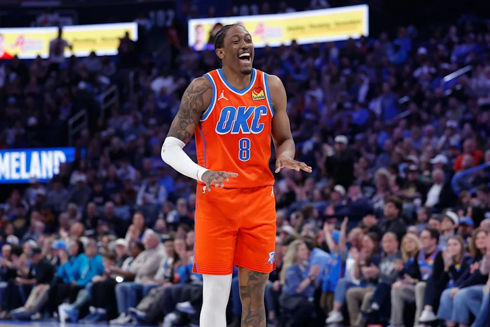 Jan 11, 2026; Oklahoma City, Oklahoma, USA; Oklahoma City Thunder guard/forward Jalen Williams (8) laughs after a play against the Miami Heat during the second half at Paycom Center. Mandatory Credit: Alonzo Adams-Imagn Images