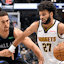 Jamal Murray (27) brings the ball up court past Dallas Mavericks forward Dwight Powell (7) during the first quarter at the American Airlines Center.