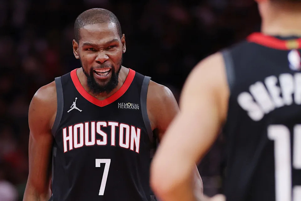 HOUSTON, TEXAS - NOVEMBER 14: Kevin Durant #7 of the Houston Rockets reacts during the second half of the 2025 NBA Cup game against the Portland Trail Blazers at Toyota Center on November 14, 2025 in Houston, Texas. NOTE TO USER: User expressly acknowledges and agrees that, by downloading and or using this photograph, User is consenting to the terms and conditions of the Getty Images License Agreement. (Photo by Alex Slitz/Getty Images)