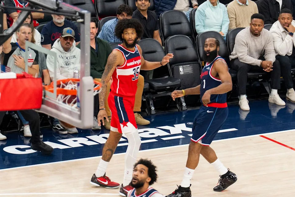 Los Angeles Clippers guard James Harden (1) makes a three during an NBA basketball game against the Washington Wizards, Wednesday January 14th, 2026 in Los Angeles, California.