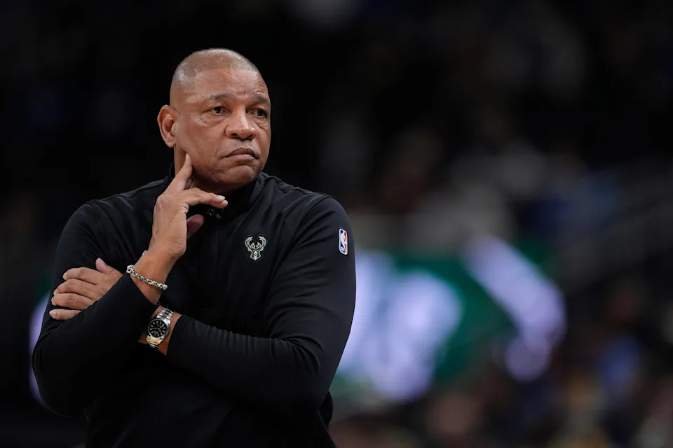 MILWAUKEE, WISCONSIN - JANUARY 21: Head coach Doc Rivers of the Milwaukee Bucks looks on during the first quarter against the Oklahoma City Thunder at Fiserv Forum on January 21, 2026 in Milwaukee, Wisconsin. NOTE TO USER: User expressly acknowledges and agrees that, by downloading and or using this photograph, User is consenting to the terms and conditions of the Getty Images License Agreement. (Photo by Patrick McDermott/Getty Images)