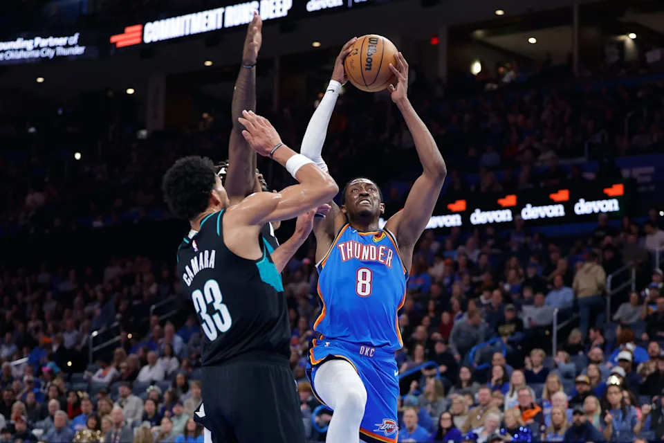 Dec 31, 2025; Oklahoma City, Oklahoma, USA; Oklahoma City Thunder guard Jalen Williams (8) goes up for a basket against the Portland Trail Blazers during the second half at Paycom Center. Mandatory Credit: Alonzo Adams-Imagn Images