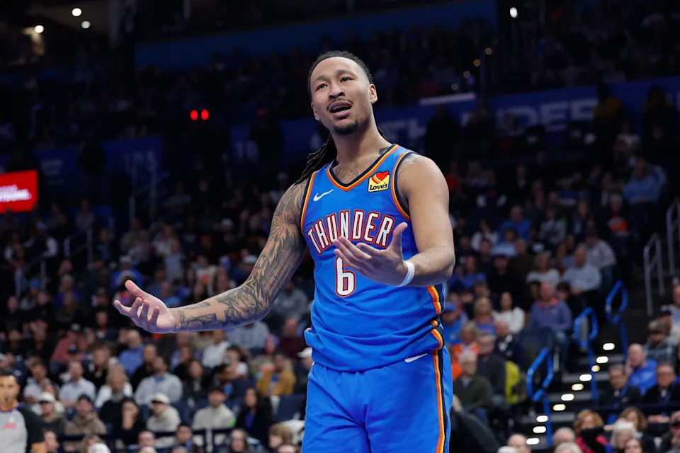 Jan 27, 2026; Oklahoma City, Oklahoma, USA; Oklahoma City Thunder forward Jaylin Williams (6) reacts to an officials call after a play against the New Orleans Pelicans during the second half at Paycom Center. Mandatory Credit: Alonzo Adams-Imagn Images