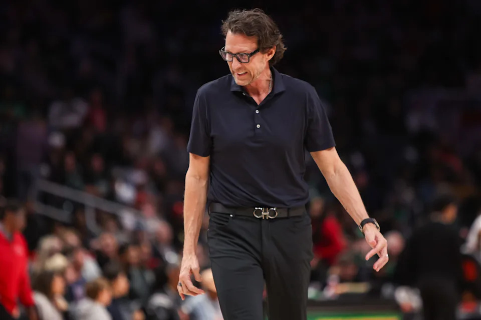 Jan 17, 2026; Atlanta, Georgia, USA; Atlanta Hawks head coach Quin Snyder during a timeout against the Boston Celtics in the fourth quarter at State Farm Arena. Mandatory Credit: Brett Davis-Imagn Images