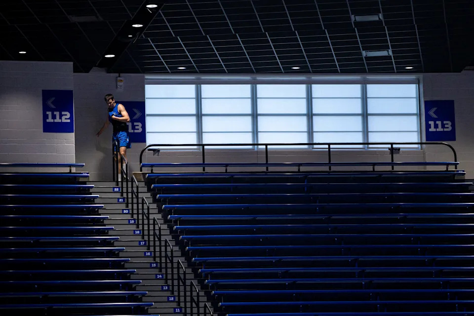 Kentucky forward Andrija Jelavic touches the top wall after misplacing a pass during Kentucky basketball Pro Day on Oct. 7, 2025; Lexington, KY, USA; at Historic Memorial Coliseum.