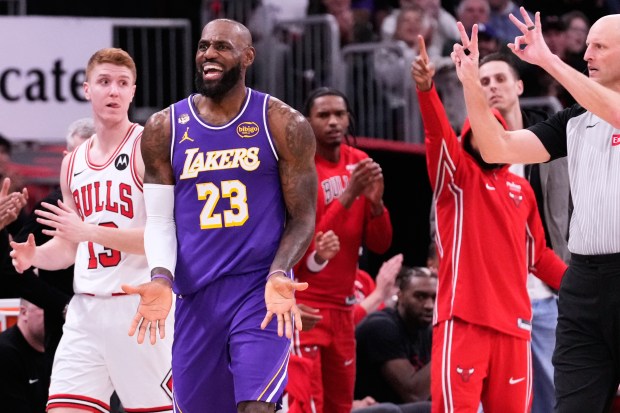 Los Angeles Lakers forward LeBron James reacts after he was called for a foul during the second half against the Chicago Bulls in Chicago, Monday, Jan. 26, 2026. (AP Photo/Nam Y. Huh)
