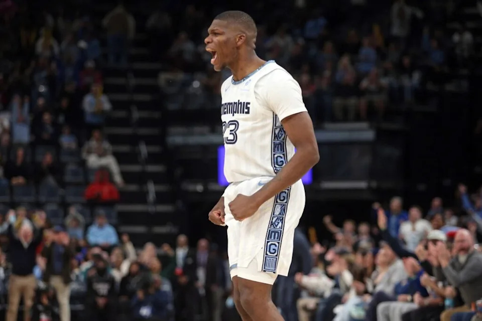 Jan 11, 2026; Memphis, Tennessee, USA; Memphis Grizzlies forward Cedric Coward (23) reacts during the fourth quarter against the Brooklyn Nets at FedExForum. Mandatory Credit: Petre Thomas-Imagn Images