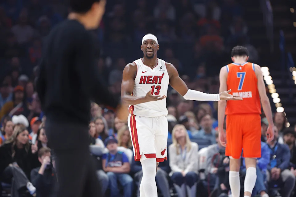 Jan 11, 2026; Oklahoma City, Oklahoma, USA; Miami Heat center/forward Bam Adebayo (13) reacts after a call on him during a play against the Oklahoma City Thunder during the first quarter at Paycom Center. Mandatory Credit: Alonzo Adams-Imagn Images