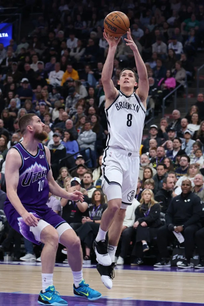 Egor Dëmin shoots over Svi Mykhailiuk during the first half of the Nets’ road win over the Jazz. IMAGN IMAGES via Reuters Connect