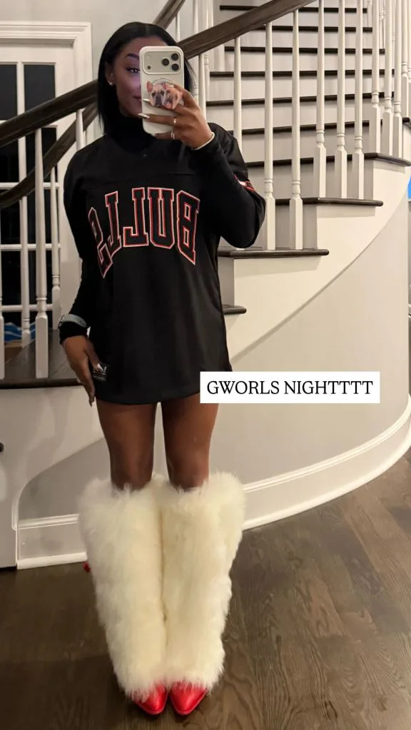Simone Biles opted for furry Ugg heels when dressing for a Chicago Bulls game night. simonebiles/Instagram